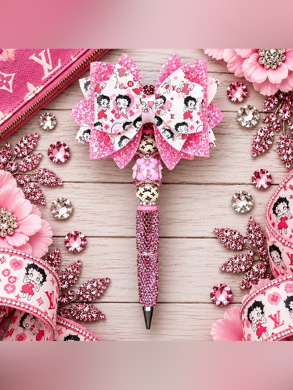 Betty Boop Fashion LV Pink Bow Rhinestone Beaded Twist Pen.